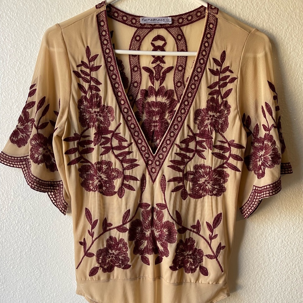 NanaMacs Embroidered Lace Bodysuit burgundy and tan/beige colored